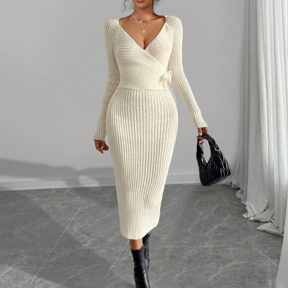 Beige Elegant Women's Stylish Knit V-Neck Cross-Tie Slimming Maxi Dress - Picture 1 of 7